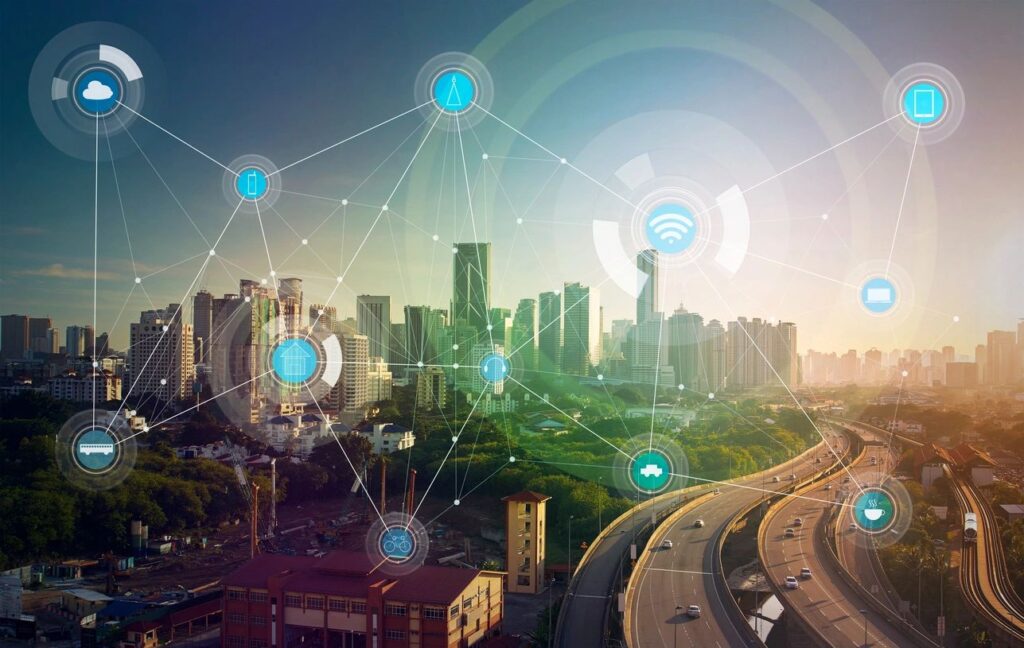 A AI style photo of a city, with multiple blue drawn nodes on the screen with lines connecting the nodes to each other, it demonstrates putting the pieces together.